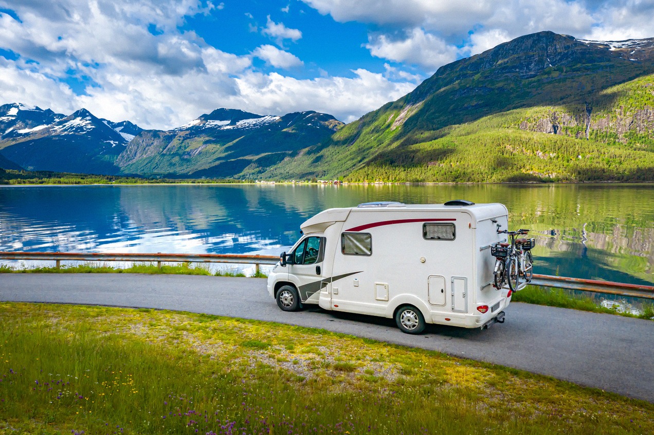 A motorhome driving onto a car ferry to Norway